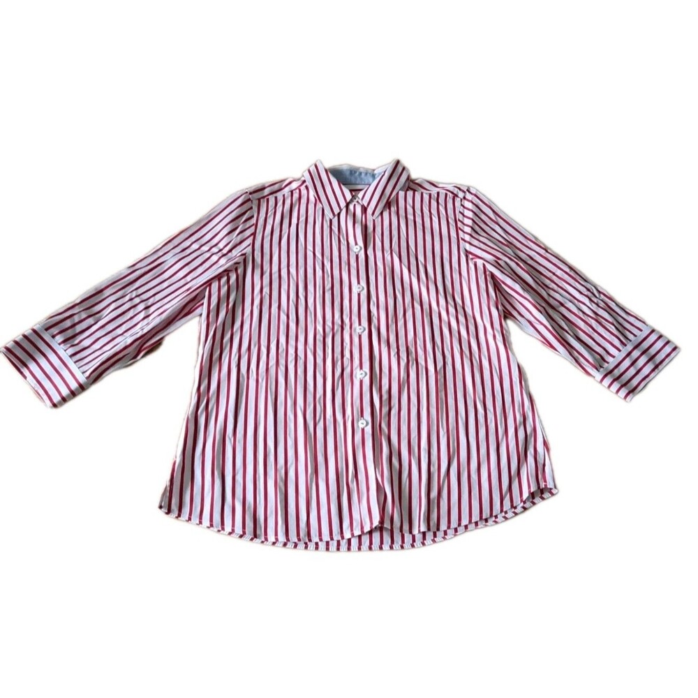 Foxcroft Non-Iron Shaped Red White Stripe Button Front Shirt Women's 12